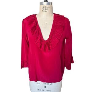 SUNNER 100% Silk Red Ruffled Blouse Top Size Medium